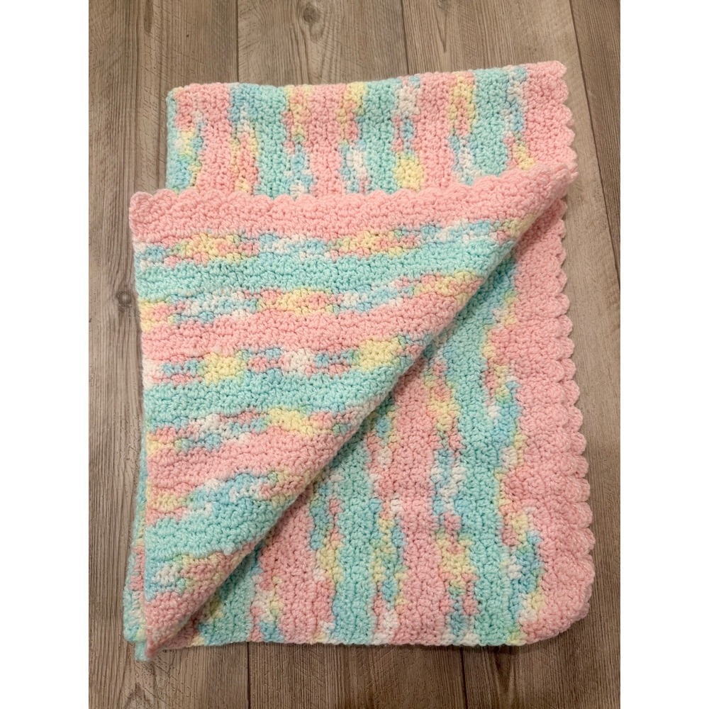 Handmade Crochet Baby Blanket‎ Pink Blue Yellow Pastel Scalloped Border 40x30